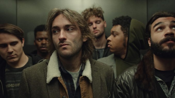 Film Frame - In an Elevator; (L to R) Keegan Garant, Rashaad Martin, Richard Follin, Peter Block, Christopher Martin, Dillon Douglasson