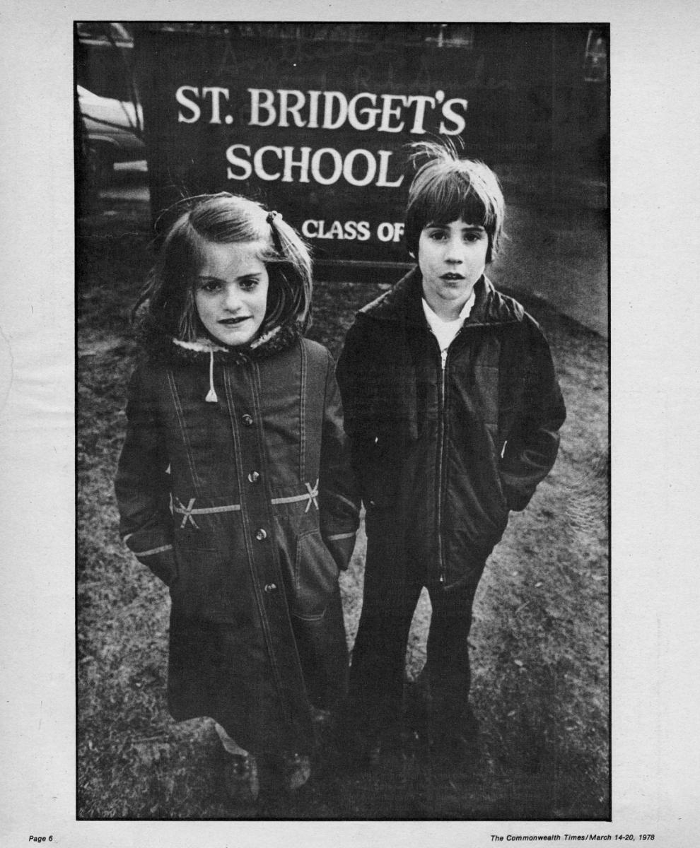 Children stand outside St. Bridget's School, depicted in a photo published in the March 14, 1978, edition of The Commonwealth Times.