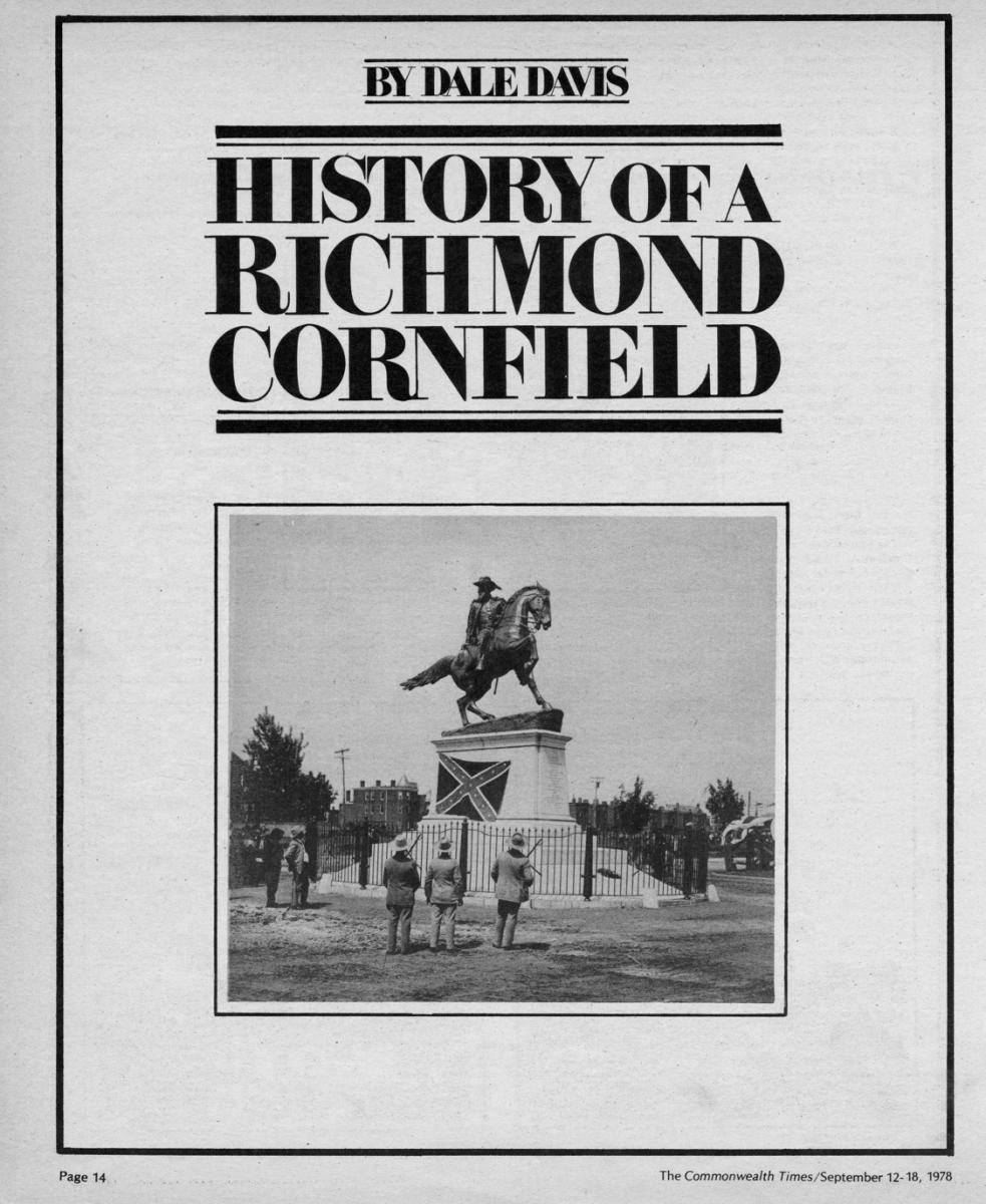 An inside page featuring an undated photo of a Monument Avenue statue with a Confederate flag hung on its side.
