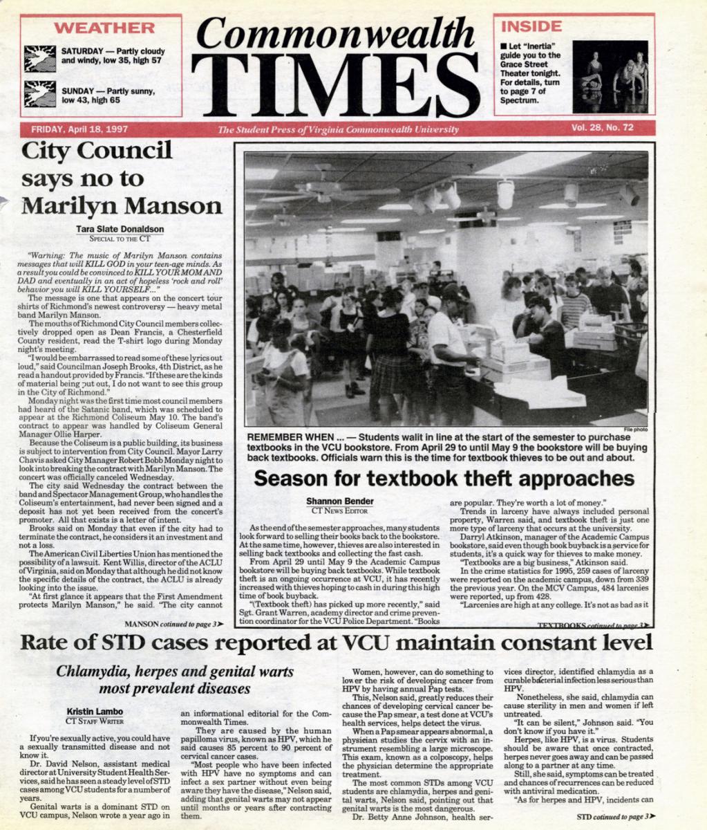 The April 18, 1997, edition of The Commonwealth Times included a story on a Marilyn Manson concert canceled by Richmond City Council.